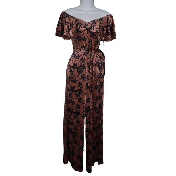 Unique Vintage mauve Sparkle & Black Floral Velvet Wide Leg Belted Jumpsuit XS - Picture 1 of 9